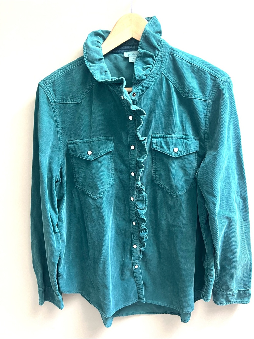Sundance Teal Ruffle-Front Corduroy Button-Down Shirt M